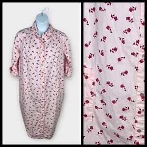 National Large Pink Floral Snap Front House Dress Coat Robe Lightweight Cotton